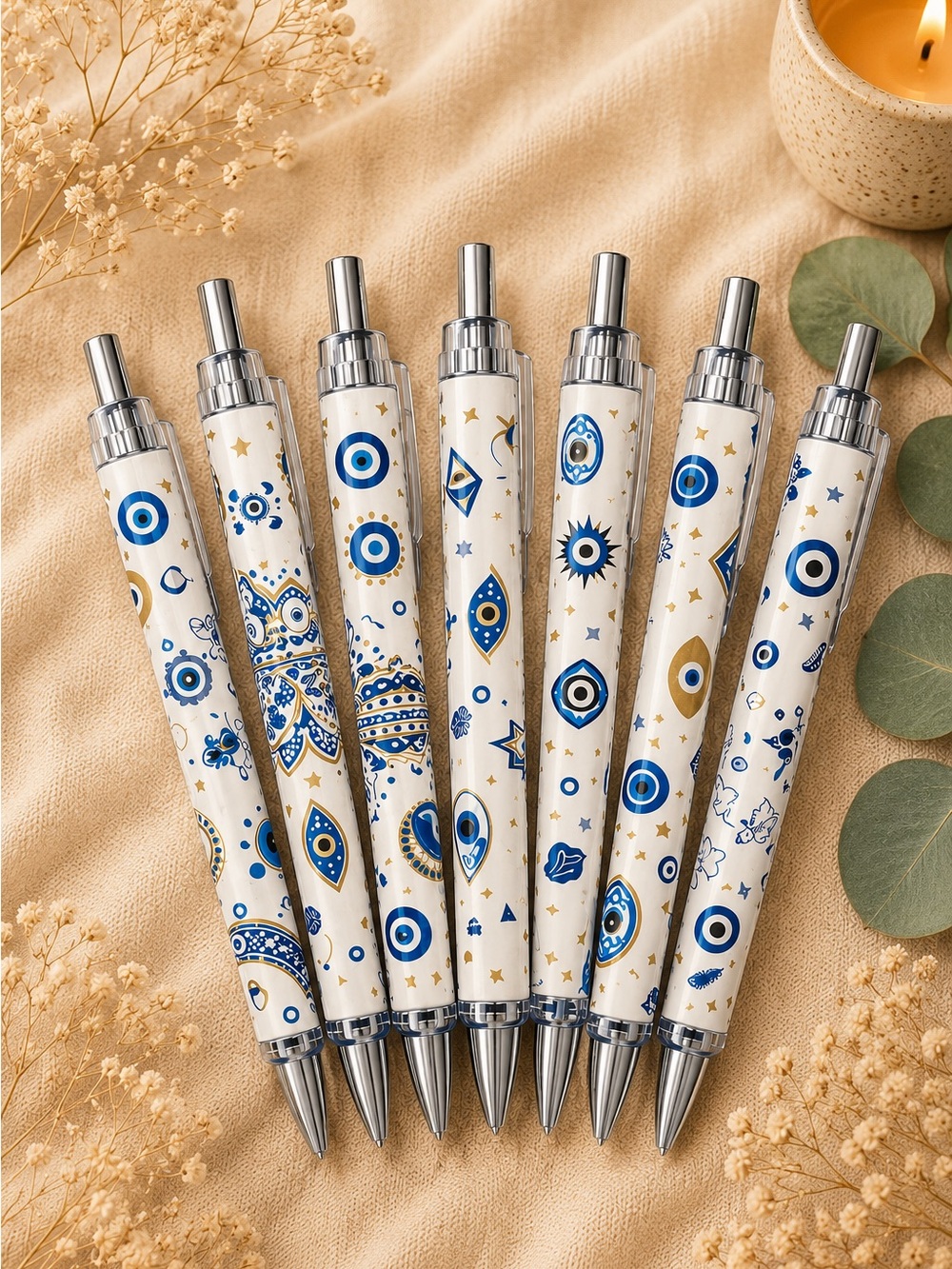 Evil Eye Ballpoint Pen Set - White, Blue & Gold